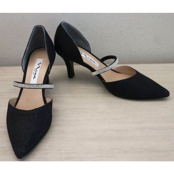 Nina Women Sz 6M Black Textured Metallic Brystol Mid-Heel D'Orsay Pumps - Picture 1 of 10